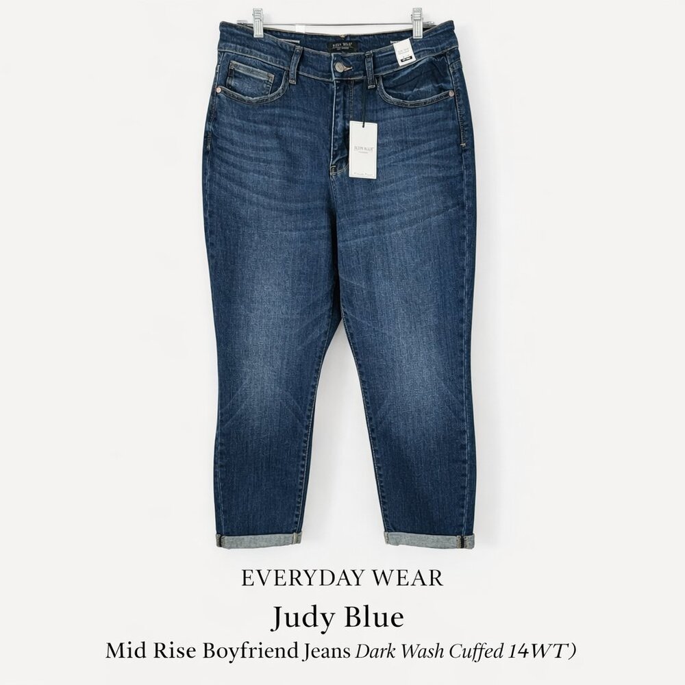 Judy Blue Mid Rise Boyfriend Fit Jeans Dark Wash Cuffed 14W NWT